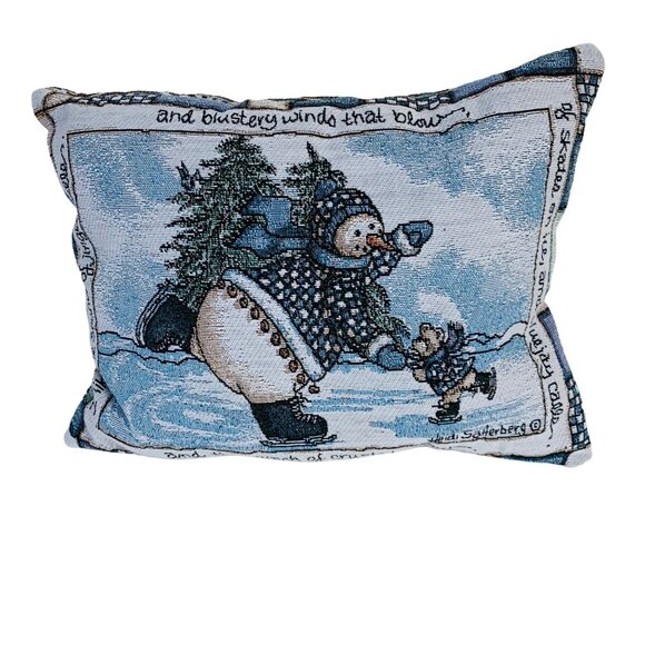 Winter Decorative Tapestry Throw Pillow Ice Skating Snowman Baby Bear Signed - Picture 9 of 9
